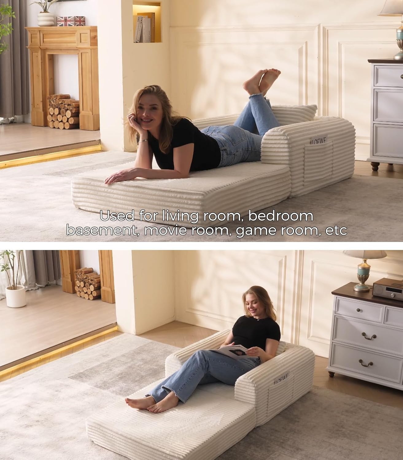 Versatile 2 in 1 Boneless Armchair Chaise Lounge Chair Indoor, Convertible Sleeper Chairs Couch Folding Sofa Bed Oversized Comfy Futon Floor Sofa BeanBag for Reading Nook Living Room Bedroom