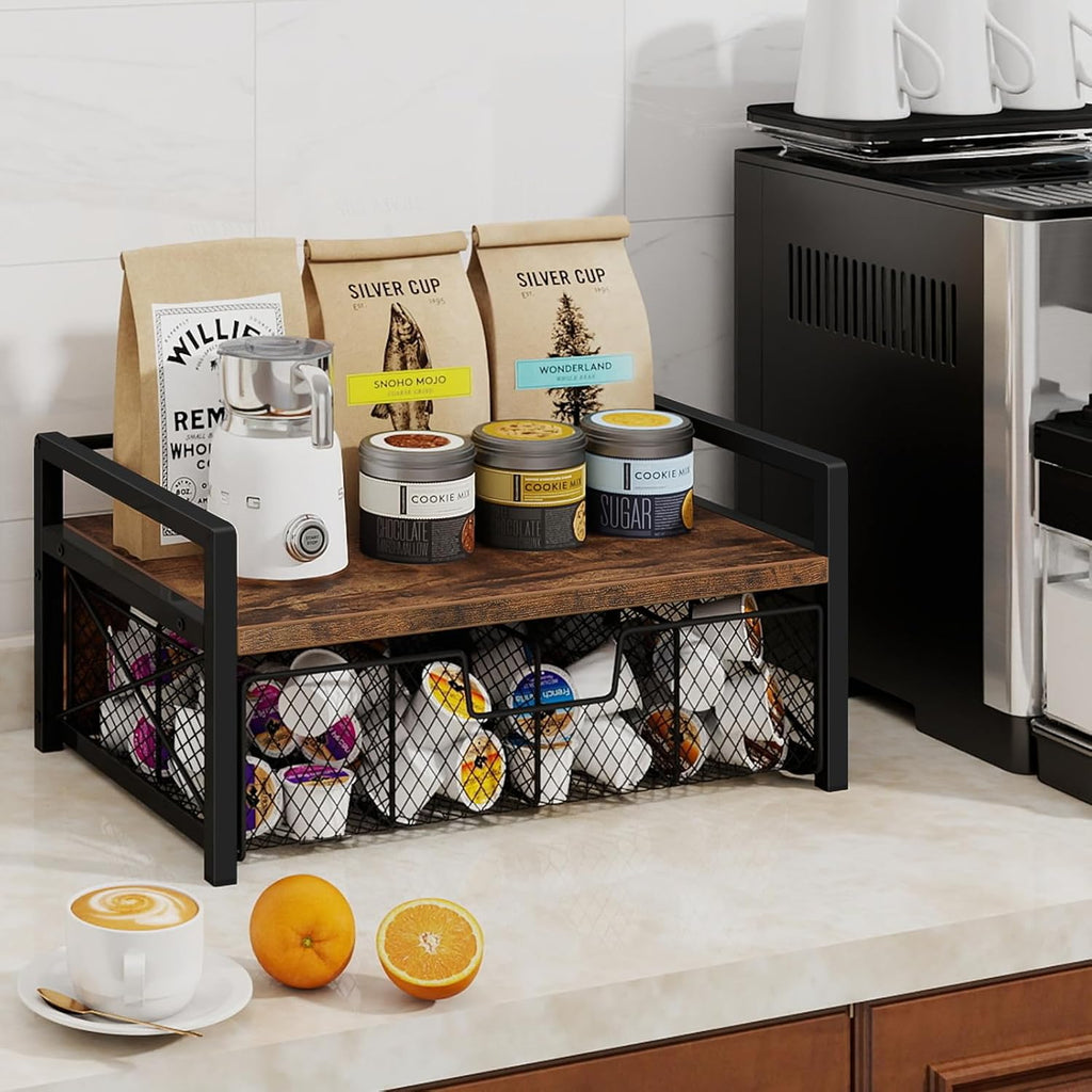 Tea Bag Organizer with Drawer, Tea Caddy for Countertop, Rustic | Wooden Tea Station Organizer with Drawer, Teabag Holder, Tea Organizers and Storage for Tea Bags, Sugar Packets, Accessories