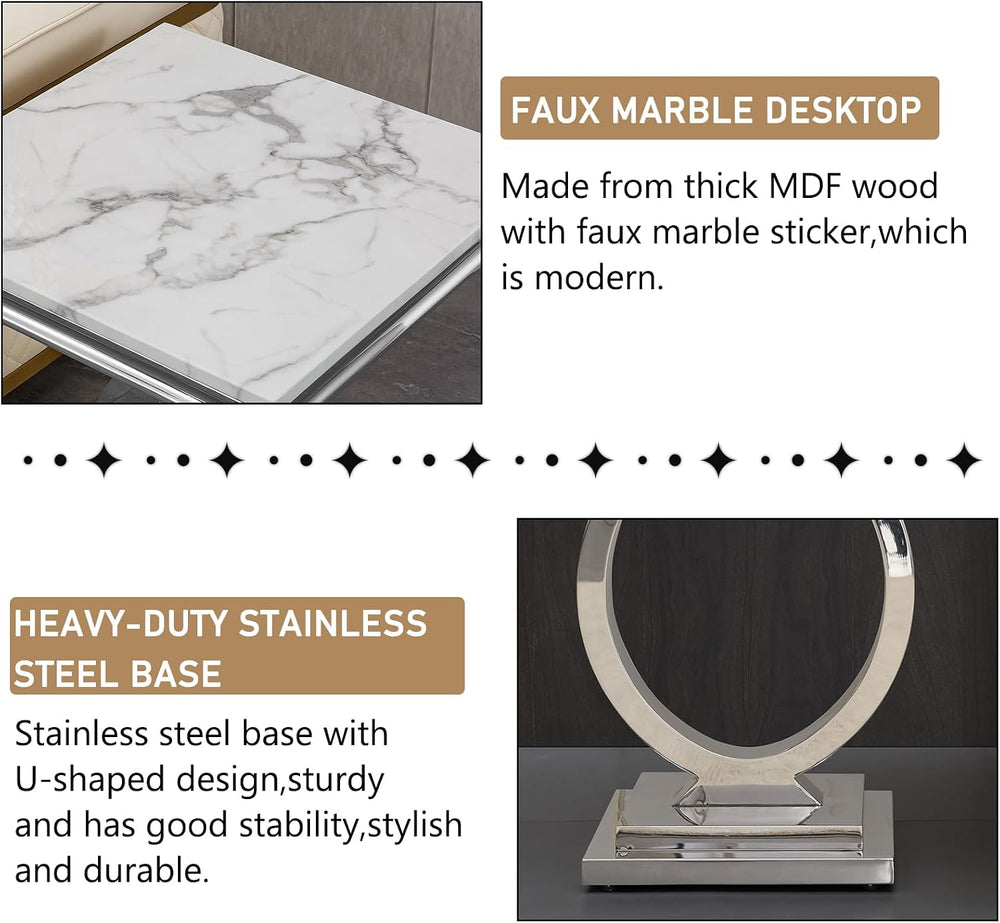 White Faux Marble End Table,Modern Sofa Side Tables with Silver Mirrored Stai...