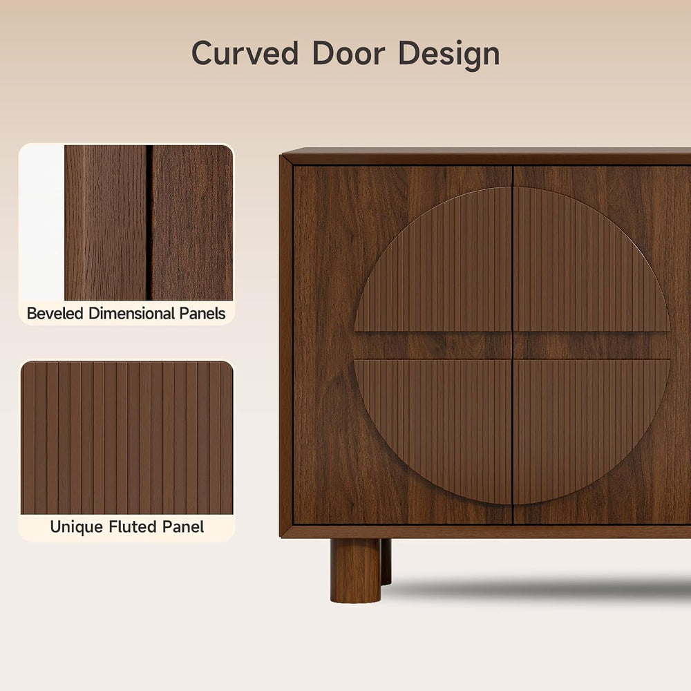 ONBRILL 63 Inch Fluted Buffet Cabinet w/Storage, Push-Spring Doors, Walnut