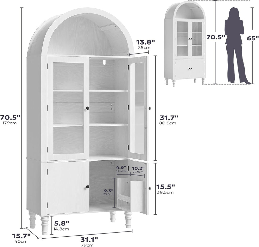 Furnify 71" Tall Arched Kitchen Pantry Cabinet with Door Shelves, White | Modern Kitchen Storage Cabinet with Doors, 3 Adjustable Shelves, Versatile Cupboard for Kitchen Dining Room Living Room