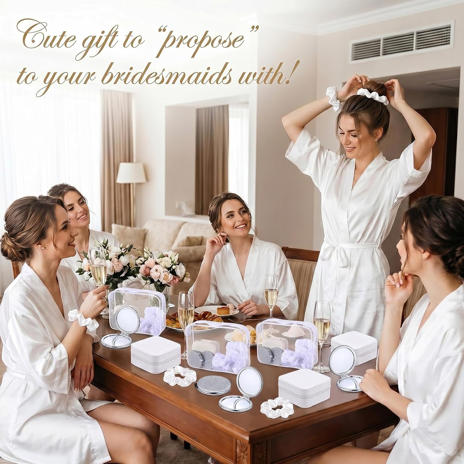 Yalikop 24 Pcs Spa Party Favor 6 Jewelry Boxes 6 Scrunchies 6 Glitter Mirrors 6 Bag Gift for Bridesmaid Bridal Bachelorette Party (White)
