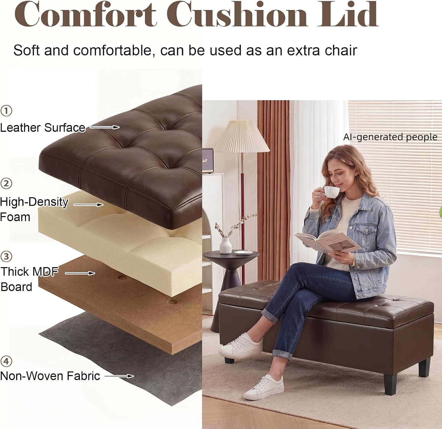 Asense 45" Storage Ottoman Bench,Faux Leather Upholstered Ottoman with Legs,Tufted Ottoman with Safety Hinge,Storage Bench for Bedroom,Living Room,Entryway,Chocolate Brown