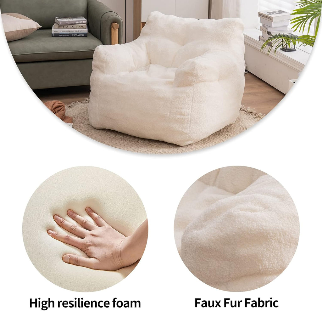 Bean Bag Chairs, Soft Tufted Foam Bean Bag Chair with Teddy Fabric for Adults and Kids, Comfy Lazy Sofa for Living Room, Bedroom (Ivory)