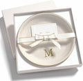 Initial Jewelry Dish for Women, Shatterproof Vegan Leather Ring Holder with Stainless Steel Core, Personalized Monogram Trinket Tray, Birthday Bridesmaid Gift with Box (Cream Letter M)