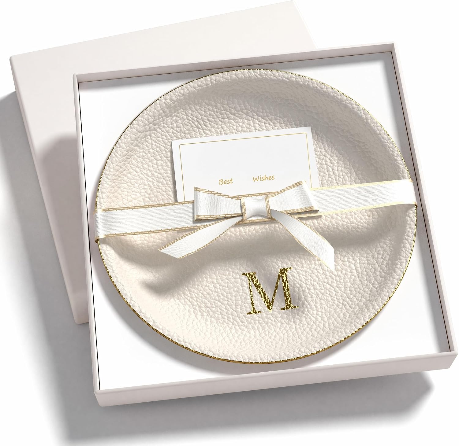 Initial Jewelry Dish for Women, Shatterproof Vegan Leather Ring Holder with Stainless Steel Core, Personalized Monogram Trinket Tray, Birthday Bridesmaid Gift with Box (Cream Letter M)