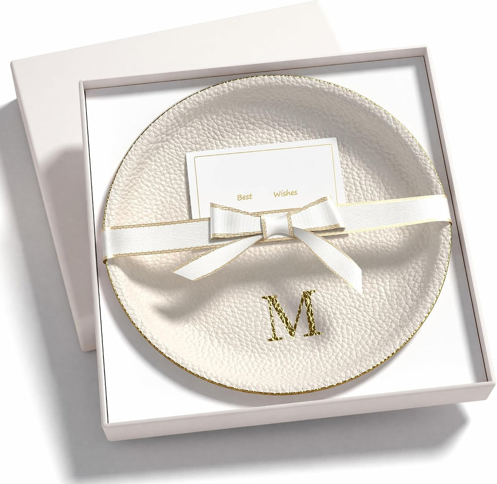 Initial Jewelry Dish for Women, Shatterproof Vegan Leather Ring Holder with Stainless Steel Core, Personalized Monogram Trinket Tray, Birthday Bridesmaid Gift with Box (Cream Letter M)