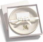 Initial Jewelry Dish for Women, Shatterproof Vegan Leather Ring Holder with Stainless Steel Core, Personalized Monogram Trinket Tray, Birthday Bridesmaid Gift with Box (Cream Letter M)