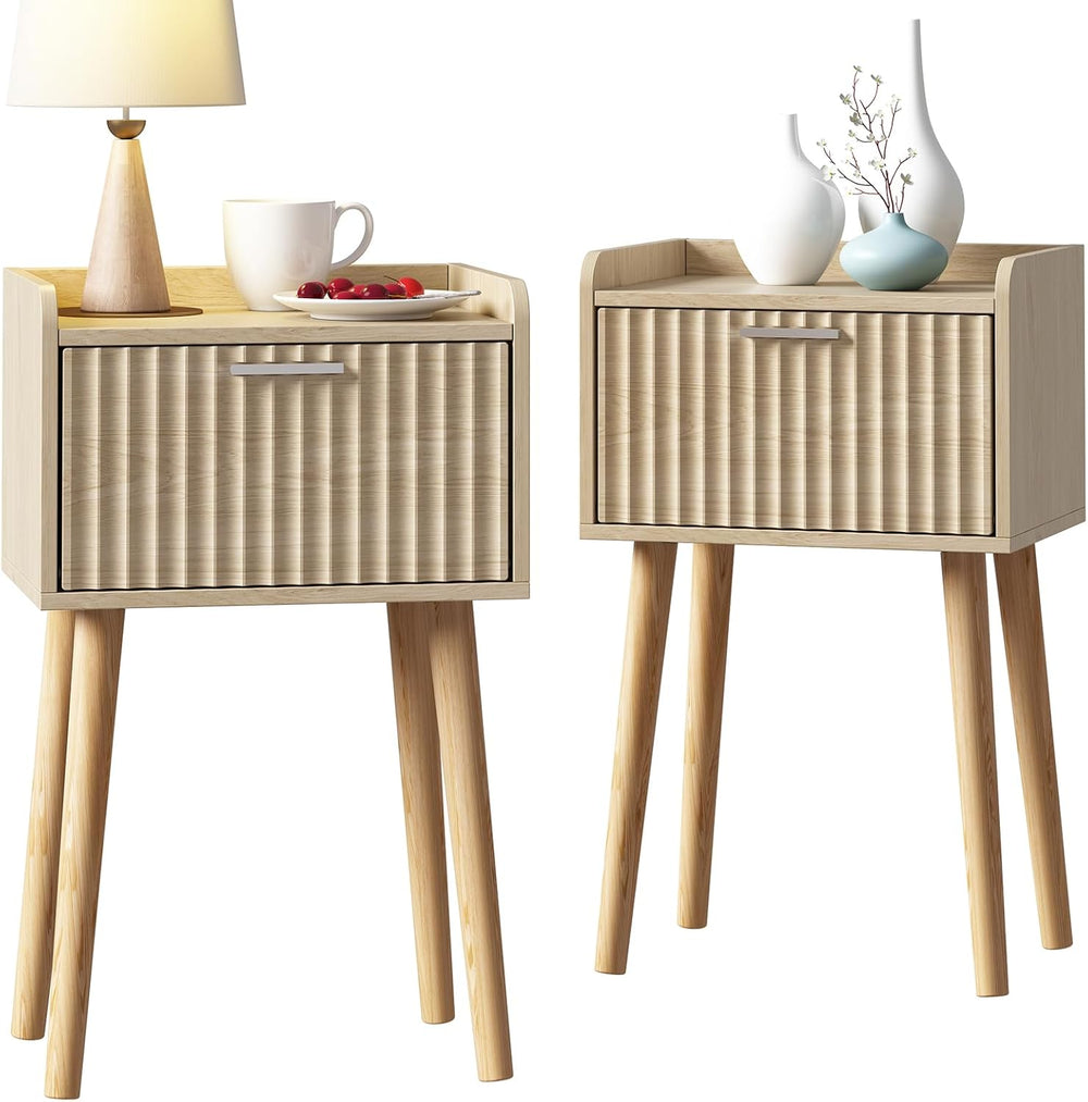 LAATOOREE Nightstand Set of 2, Small Bed Side Table with Fluted Door, End Tab...