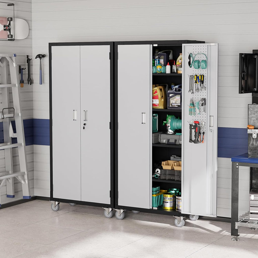 VINGLI 72'' Tall Garage Storage Cabinet, Metal Storage Cabinet with Wheels, Locking Doors and Adjustable Shelves (Black & Silver, 32''W x 16''D x 72''H)