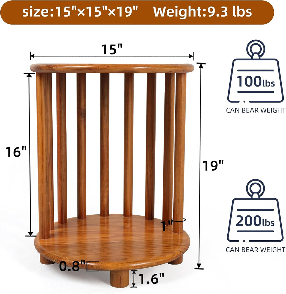 Round Teak End Table with Storage, Nightstand Sofa Side Table for Living Room...