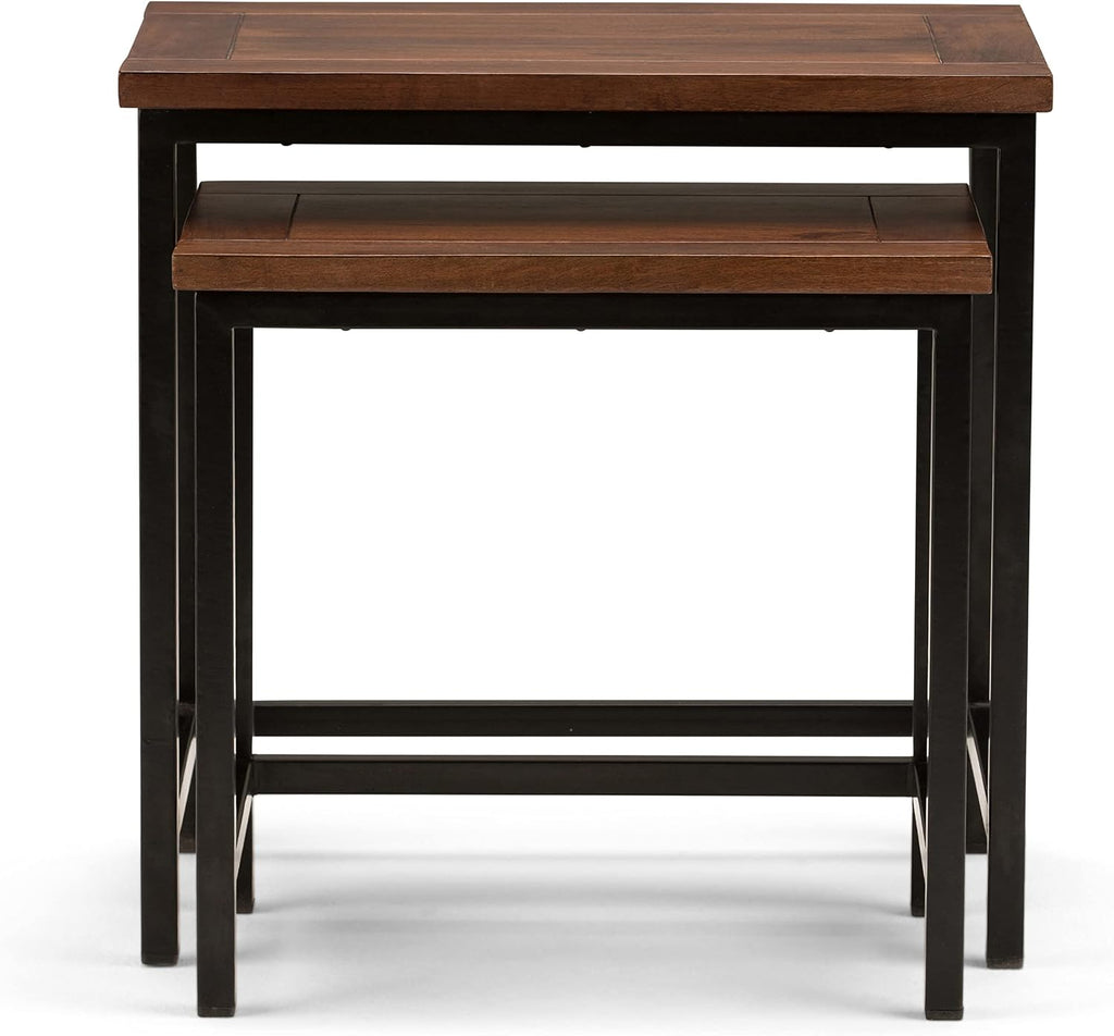 SIMPLIHOME Turner 12" Wide Solid Wood Round End Table in Natural | Dark cognac brown, industrial nesting accent tables, assembled; round side tables or accent tables for living room.