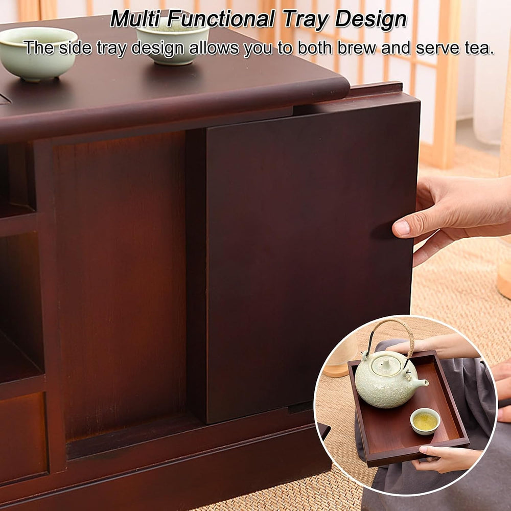 Japanese Tea Cabinet Floor Table, Paulownia Wood Side Table with Tray and Sto...