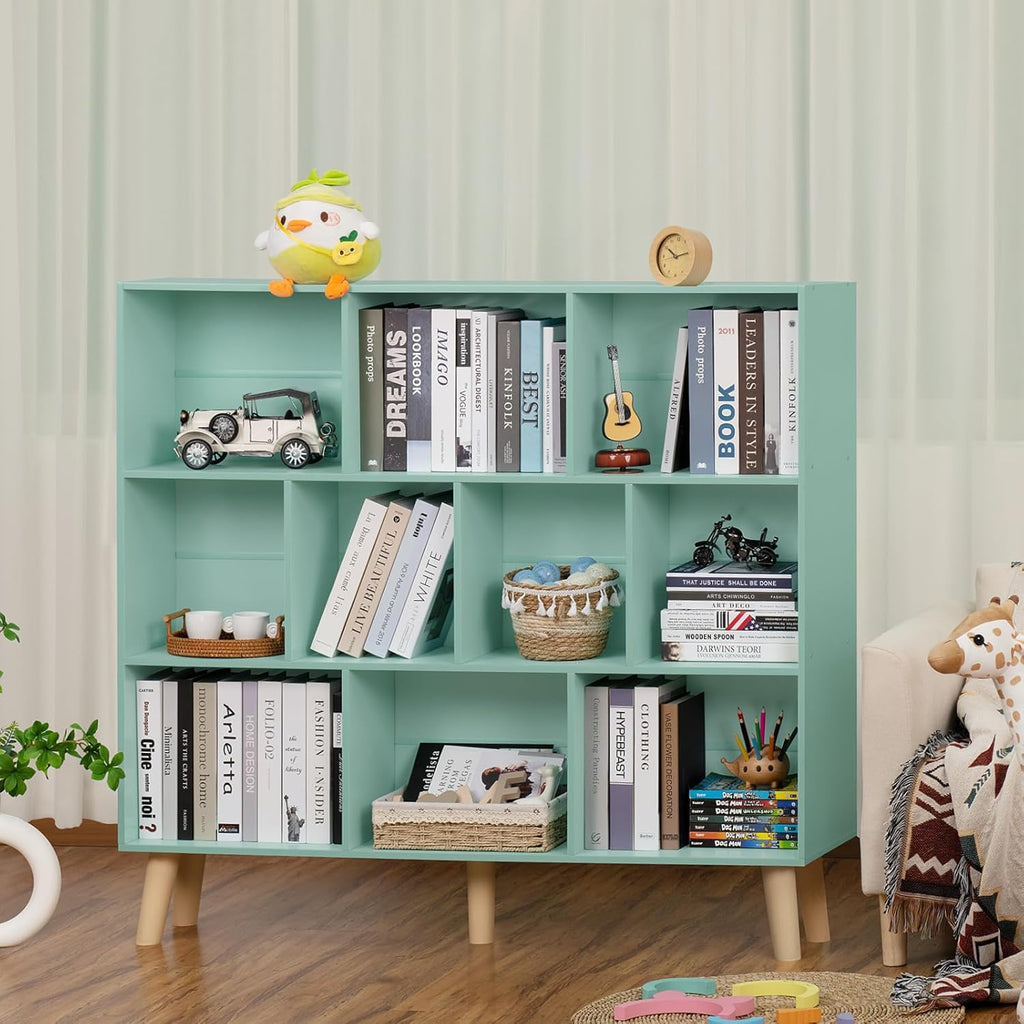 LEYAOYAO 10 Cube Bookshelf,3 Tier Modern Wide Bookcase with Legs,Mid-Century Wood Bookshelves Storage,Mint-Green Large Book Case,Freestanding Organizer Display Shelf for Bedroom,Living Room,Office