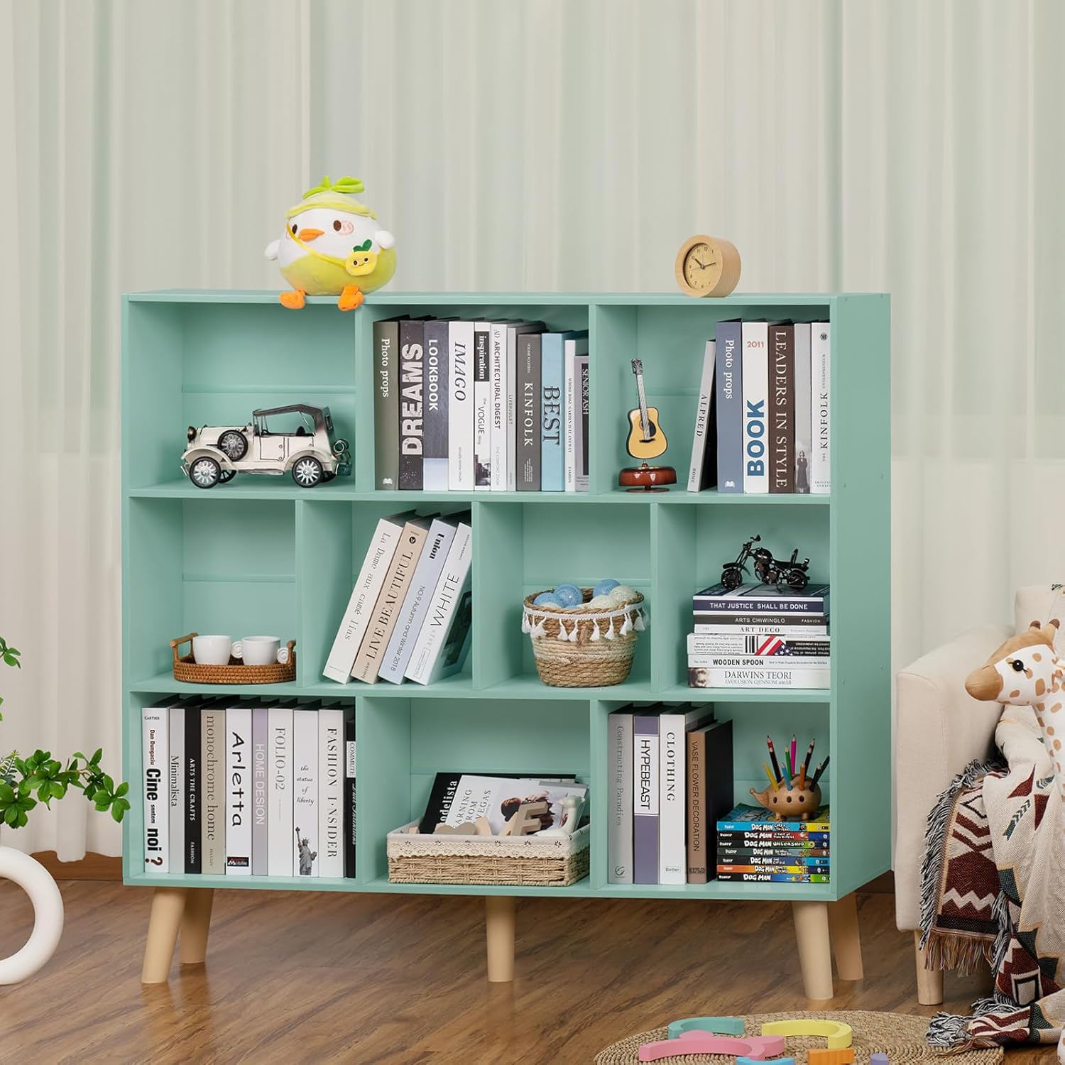 LEYAOYAO 10 Cube Bookshelf,3 Tier Modern Wide Bookcase with Legs,Mid-Century Wood Bookshelves Storage,Mint-Green Large Book Case,Freestanding Organizer Display Shelf for Bedroom,Living Room,Office