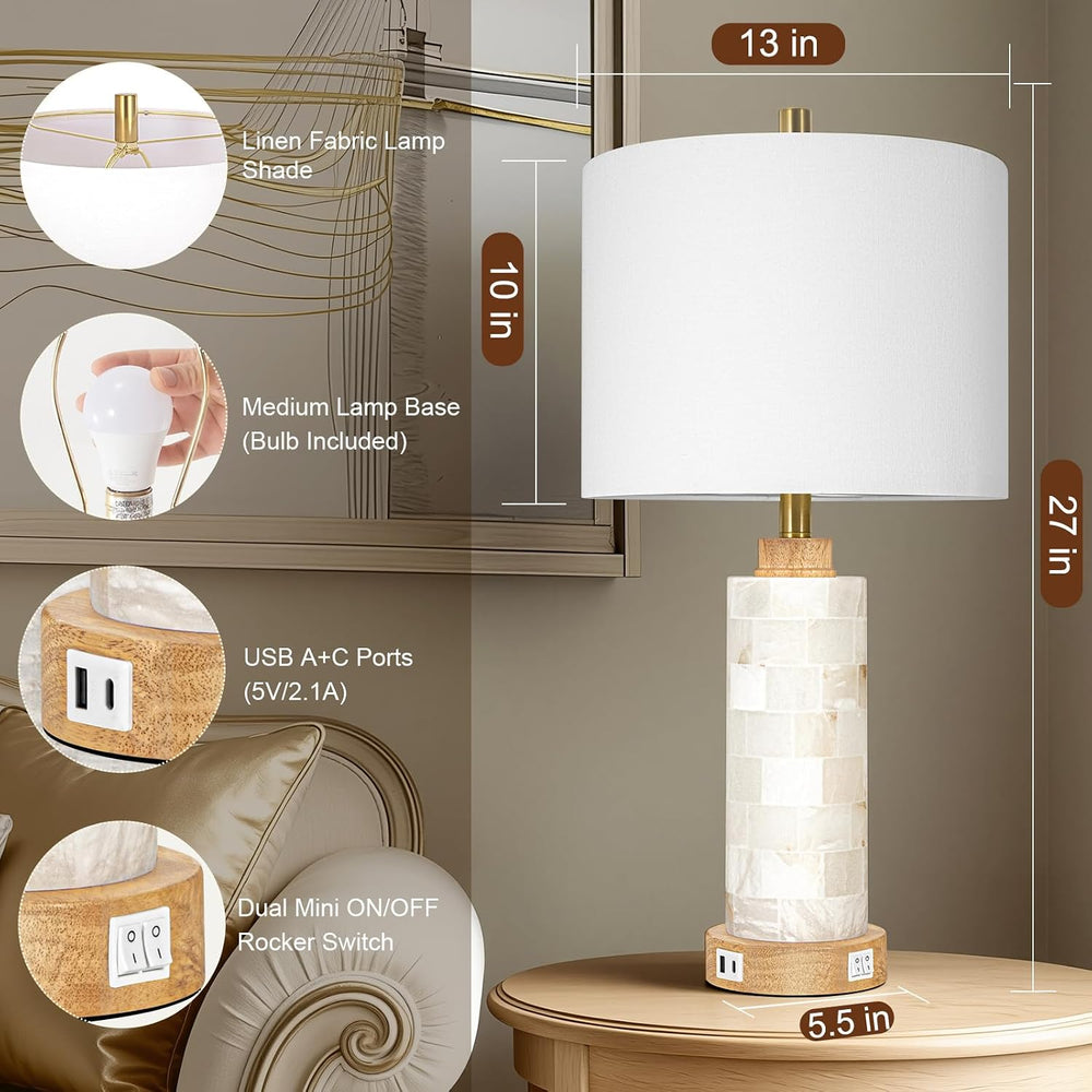 KIVDITZO 27" Alabaster and Wood Table Lamps Set of 2 with Night Light