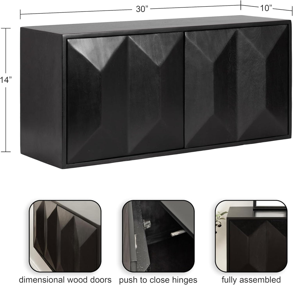 Kate and Laurel Ranier Modern Wooden Two-Door Wall Cabinet, 30 x 10 x 14, Black, Decorative Storage Cabinet with Dimensional Face for Use as Floating Nightstand or Floating TV Shelf
