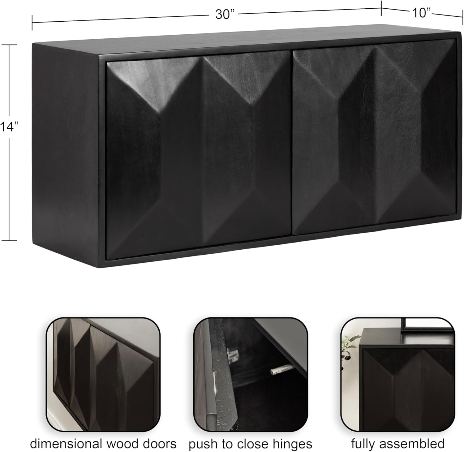 Kate and Laurel Ranier Modern Wooden Two-Door Wall Cabinet, 30 x 10 x 14, Black, Decorative Storage Cabinet with Dimensional Face for Use as Floating Nightstand or Floating TV Shelf