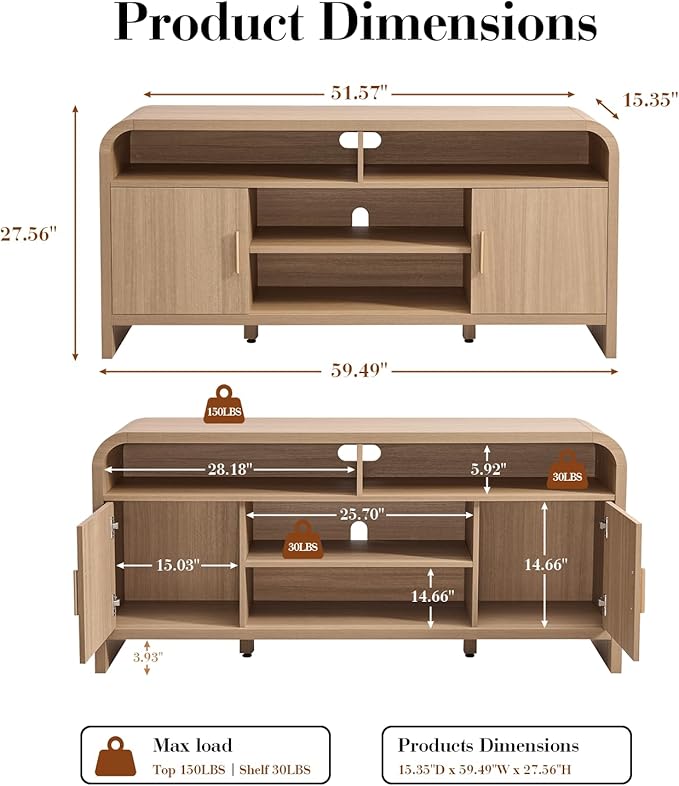 TV Stand for TVs Up to 65'' - [Unique Curved Profile, FSC-Certified Wooden Board] Entertainment Center with Adjustable Shelves and Storage Cabinet Modern Media Console for Living Room
