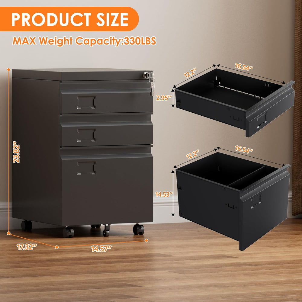 3 Drawer Metal File Cabinet with Wheels, Under Desk Rolling Filing Cabinet fo...