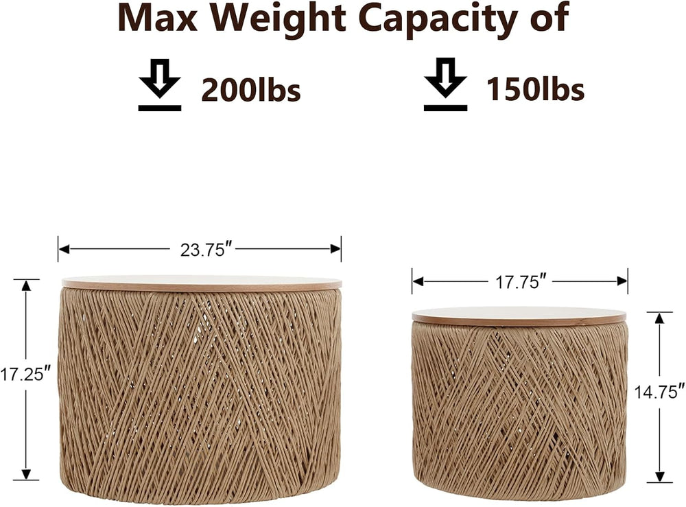 Kmax 24" Round Wood Nesting Coffee Table Set of 2 Handcraft Woven & ...