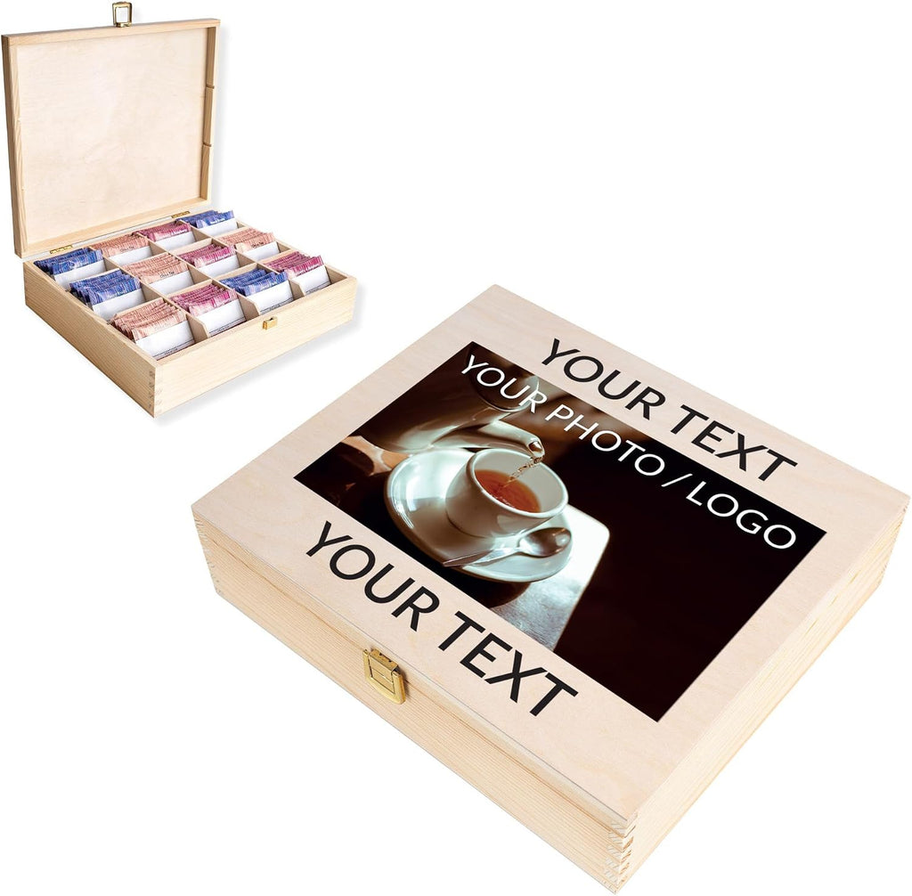 Creative Deco Personalized Wooden Tea Box Storage | 12 Compartments | Your Text + Photo/Logo | 11.41x9.84x2.95in | Luxury Organizer Bag Container Keepsake Chest | Gift Christmas Xmas | UV Print