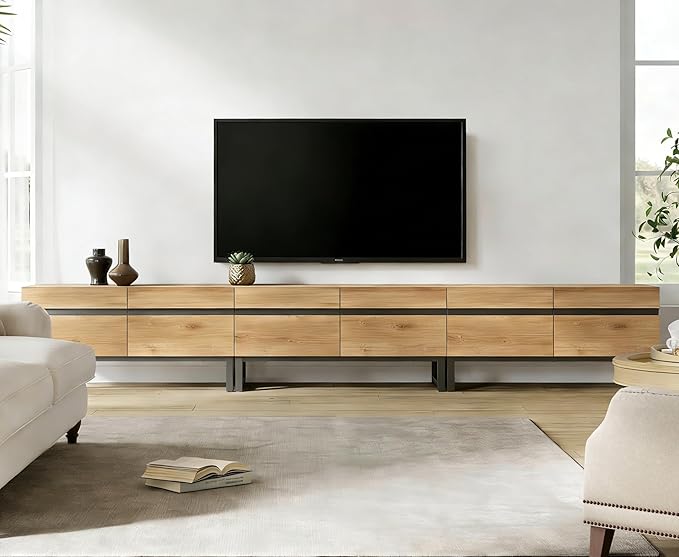WAMPAT 3-in-1 Modern TV Stand for Up to 110 Inch TVs, Large Wood Entertainment Center Media Console with Storage Cabinets and Metal Base for Living Room, Oak