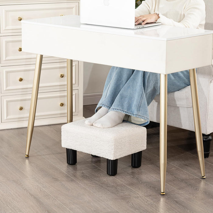 Adeco Boucle White Foot Stool with Legs, Small Footstool Ottoman, Fabric Seat with Thick Cushion, for Living Room, Bedroom, Entryway, 335 lb Weight Capacity