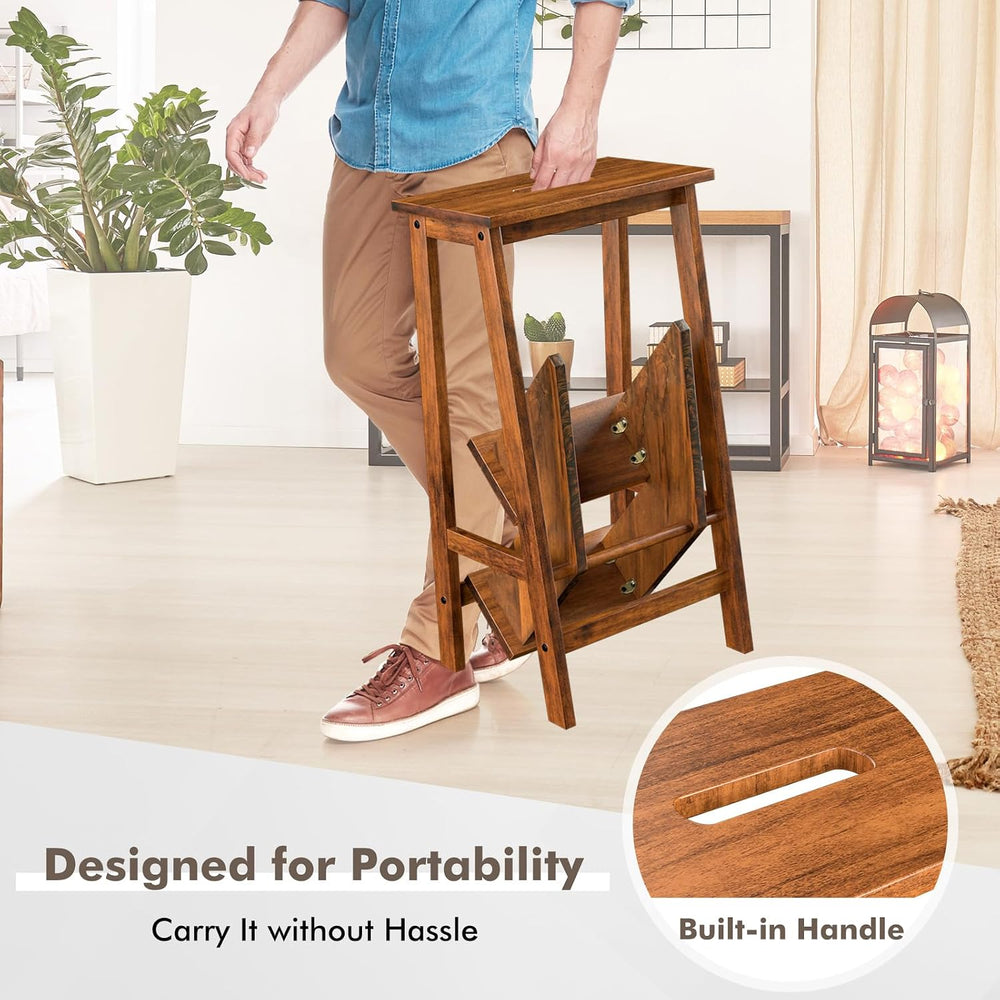 Giantex 3 Tier Folding Step Ladder, Multifunction 3-in-1 Wood Step Stool, Dis...
