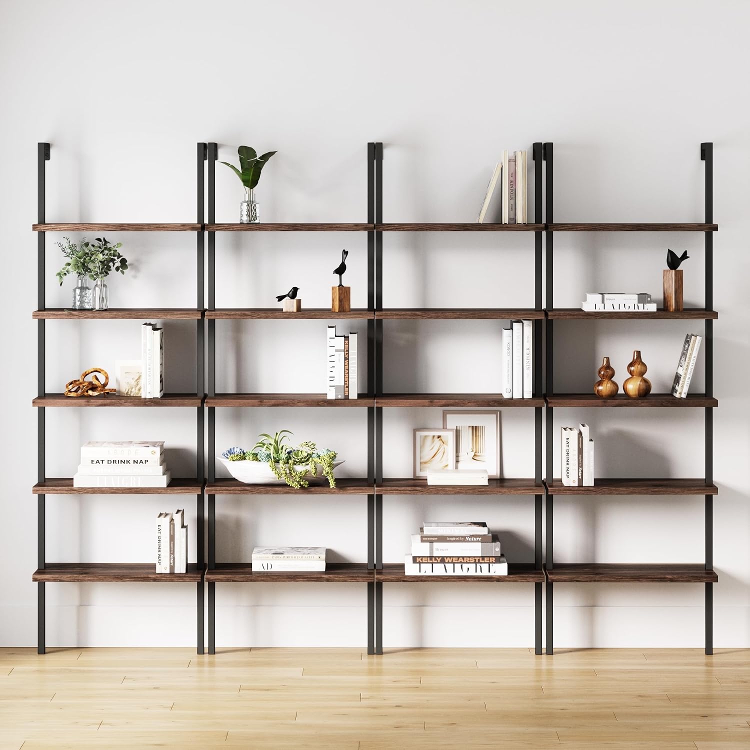 Nathan James Theo 5-Shelf Wood Modern Bookcase, Open Wall Mount Ladder Bookshelf with Industrial Metal Frame, Dark Walnut Brown/Black, Set of 4
