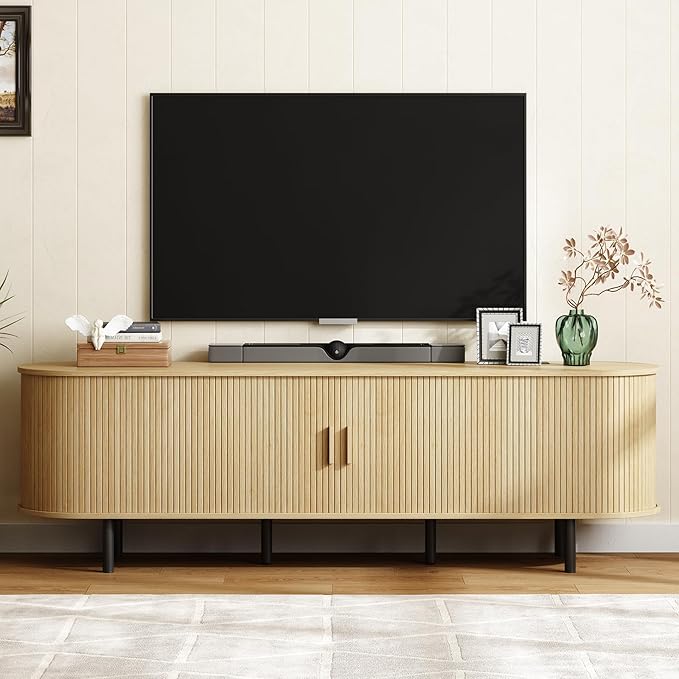 ONBRILL 70.8" TV Stand with Power Outlet for TVs up to 75 Inch, Entertainment Center with Storage and Adjustable Shelves, Modern Media Console with Sliding Doors for Living Room, Oak
