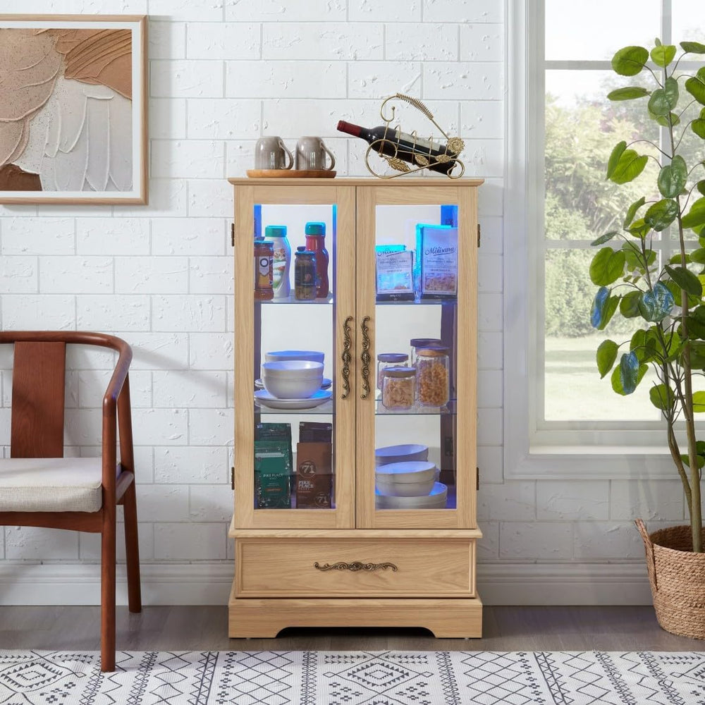 47" LED Glass Accent Curio Cabinet, 3-Tier Antique Storage Cage with Adj...