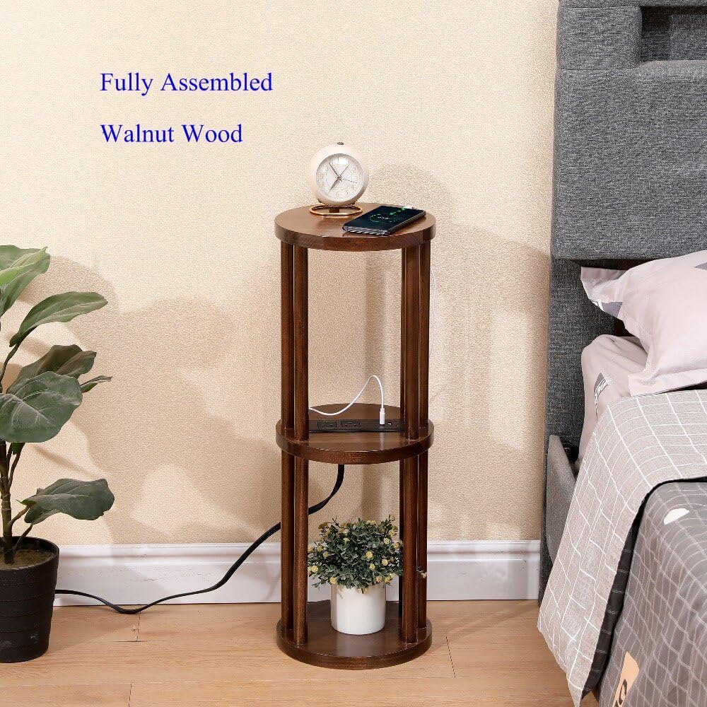 9 x25 Fully Assembled Walnut Wood Round Drink Table with Charging Station, Mi...