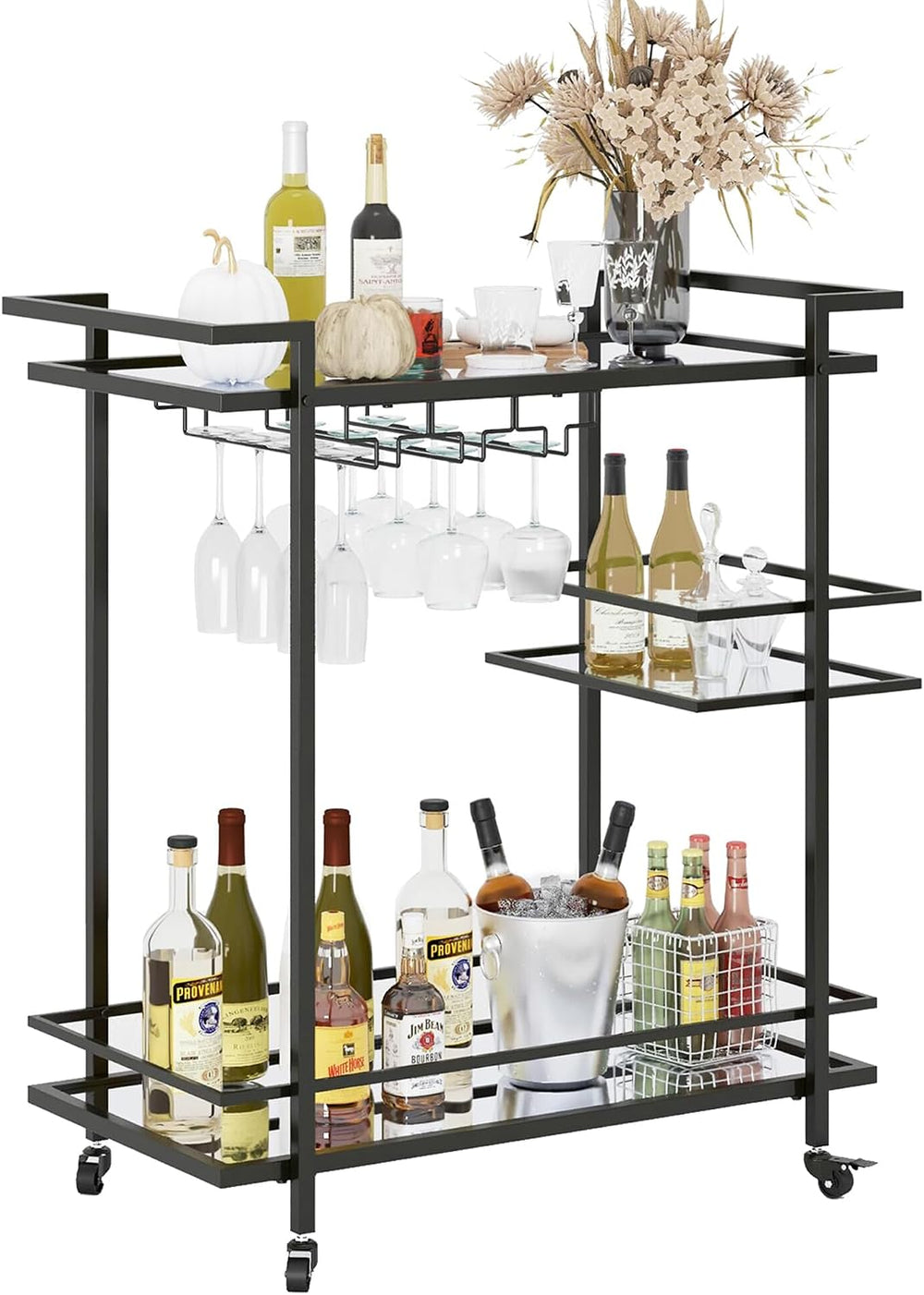RiteSune Black Bar Carts for The Home, Wine Cart with Wheels | 3 Tier Home Se...