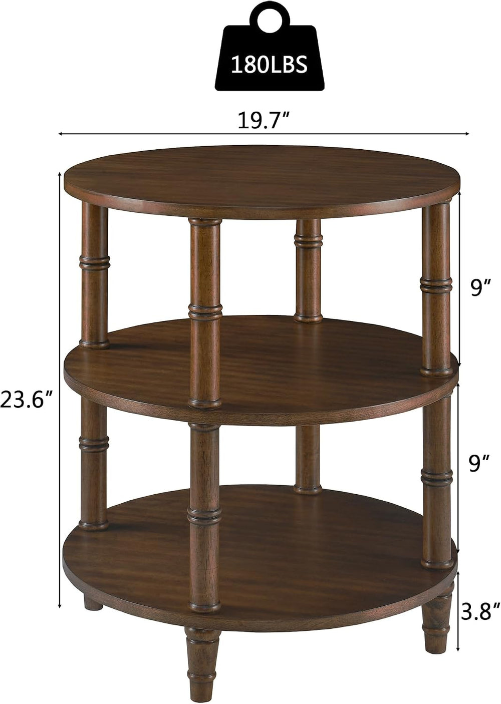 PADMA HOUSE Round Wood Small End Table with 3 Shelves, Wood Sofa Side Table w...