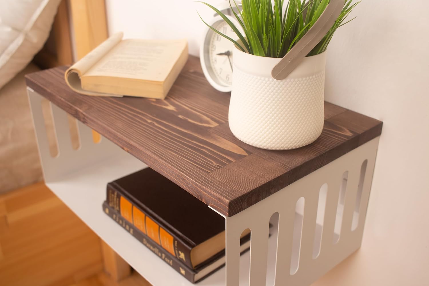 Floating Nightstand with White Metal Base, Wooden Top and Sturdy Metal Base, Minimalist Bedside Table, Wall Mounted Shelf, Bedside Shelf (London)