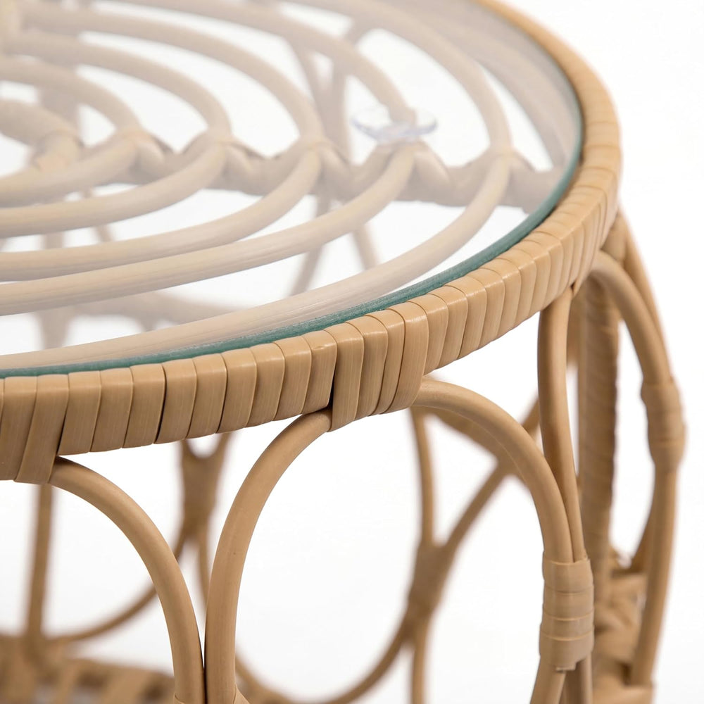 Furniture of America Ysar Boho Rattan Round Coffee Table Outdoor with 5mm Tem...