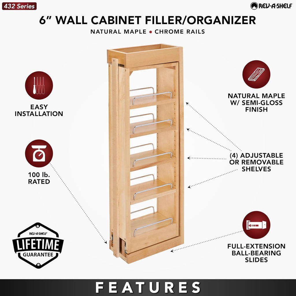 Rev-A-Shelf 6"W x 33"H Pull Out Quad Shelf Organizer for Wall & Base Kitchen Cabinets, Full Extension Filler Spice Rack, Adjustable, Wood, 432-WF33-6C
