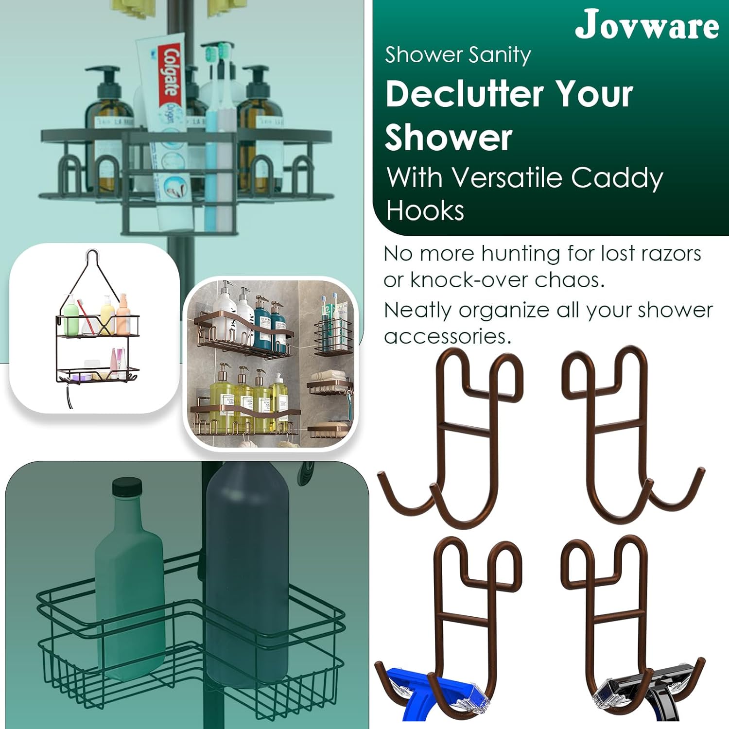 Bronze Shower Caddy - 4 Pack Open Shelf Hooks for Loofah, Razor, Shower Accessories