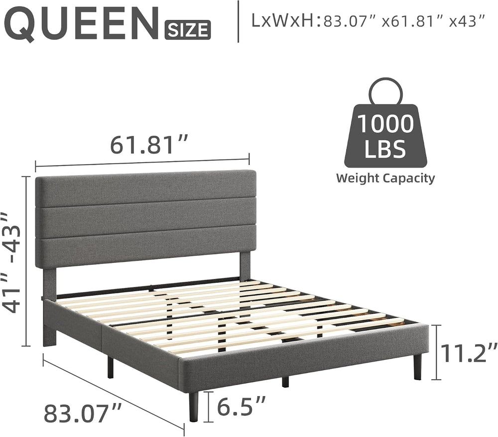 Queen Platform Bed Frame with Adjustable Linen Fabric Upholstered Headboard, ...