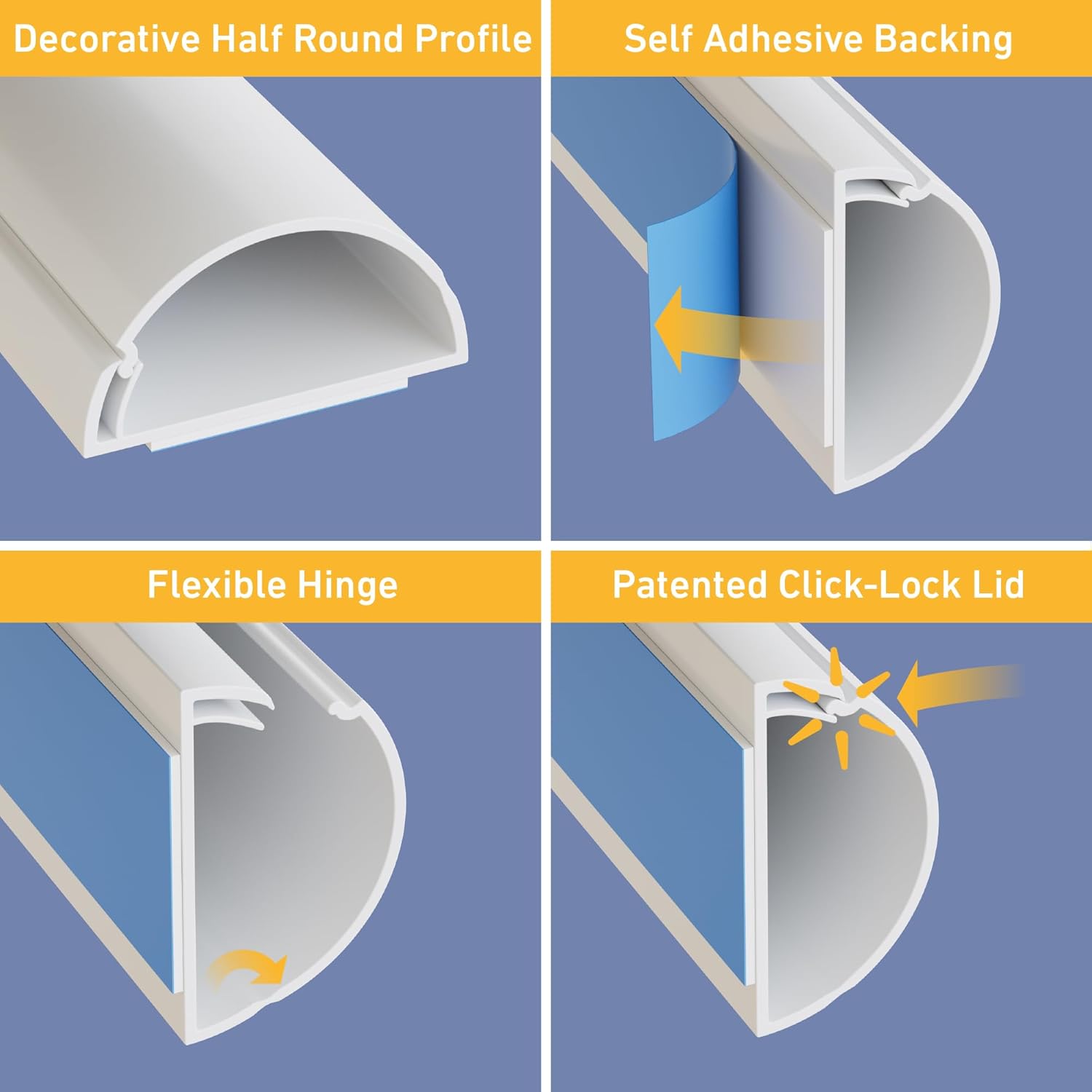 D-Line Half Round Cord Hider, Patented Cable Cover, Hide TV Wall Mount Wires, Raceway for Cords, Decorative Wire Covers, Paintable, Adhesive Cable Concealer - 8X 1.18in W x 0.59in H x 39in L - White