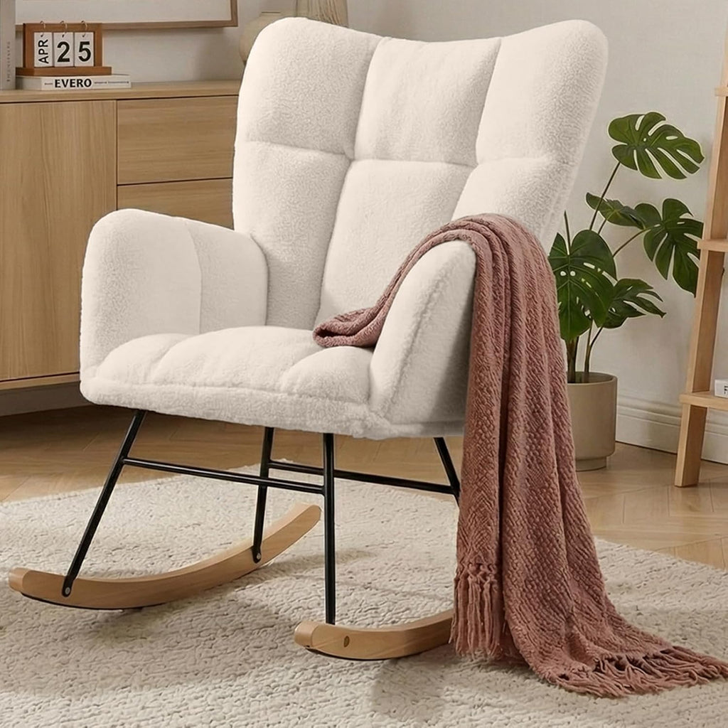 Nursery Rocking Chair, Teddy Upholstered Glider Chair with Thick Cushion, Tufted Gliding Rocker Chair with Wood Leg, Cozy Rocking Armchair, Accent Rocking Chair for Living Room (Ivory)