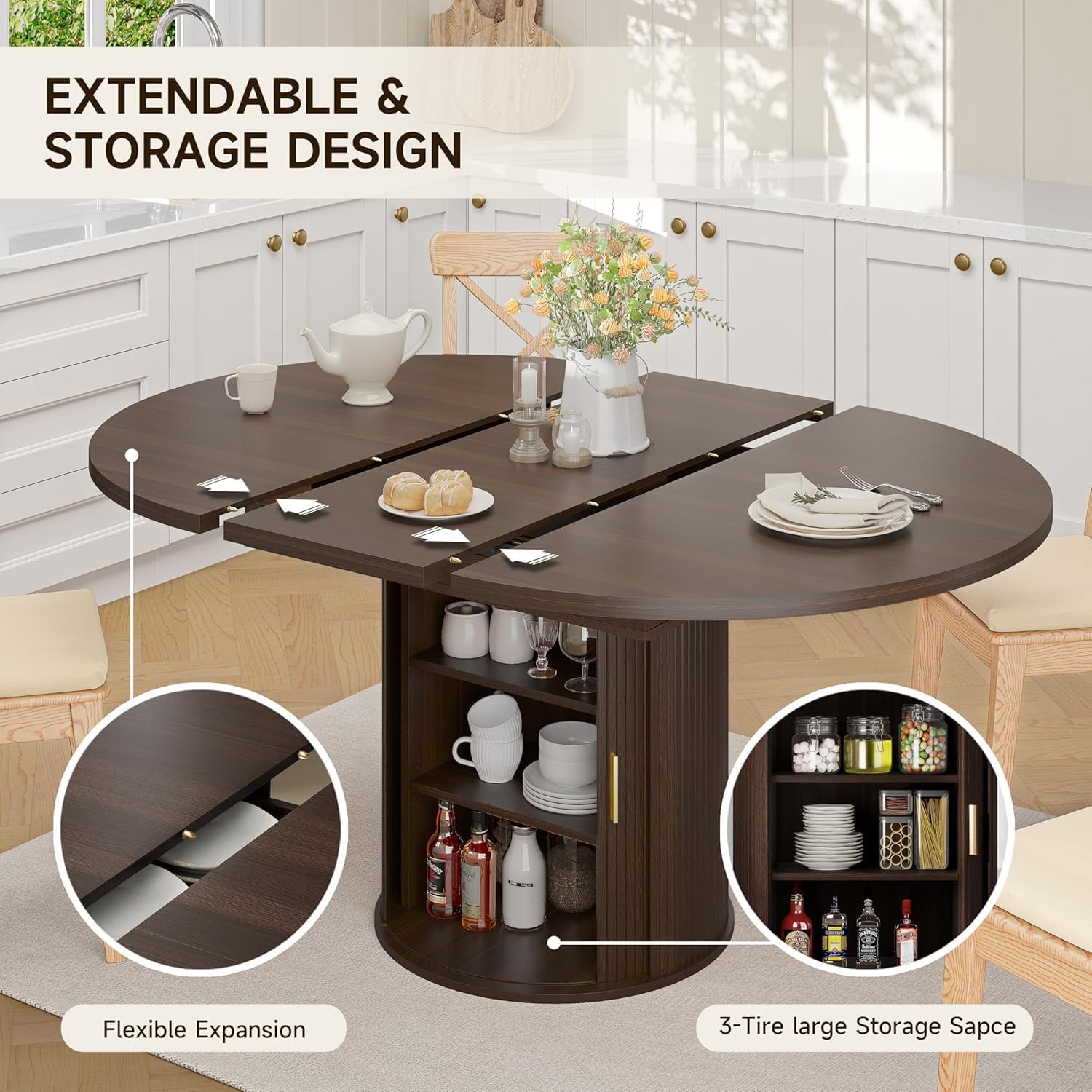Extendable Round Dining Table: 47″–63″ Kitchen Table for 4 6 8 with Dust-Proof 2-Tier Storage Shelf Space Saving, Modern Farmhouse Expandable Wood Oval Circle Dinner Furniture with Pedestal Base