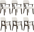 Modern Wood Dining Chairs with Arms Set of 6, Velvet Upholstered Kitchen Chairs with Open Curved Backrest & Black Hardwood Legs, Accent Chairs 350 LBS Capacity, White