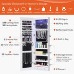GISSAR Full Length Mirror Jewelry Cabinet, 6 LEDs Jewelry Armoire Wall Mounted Over The Door Hanging, Jewelry Organizer Storage with Lights Lockable White