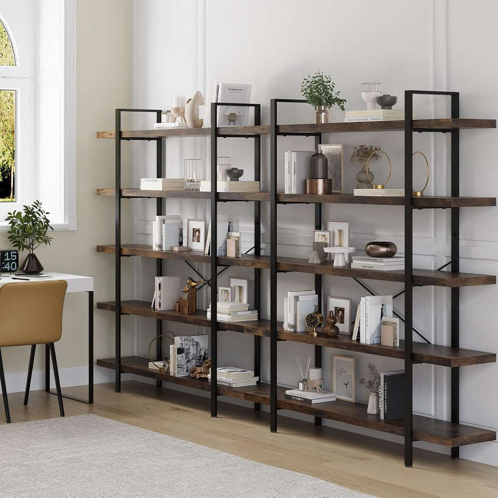 2PCS Heavy Duty 5 Tier Industrial Bookcase for Home Office, Rustic Brown | 47" Wide Wood Bookshelf,120 lbs Shelf Capacity, Rustic Open Shelving Display,3CM Upgraded Thicken Board,Easy to Assemble