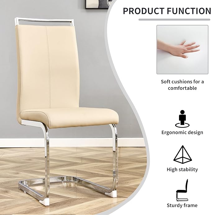 AZmac Modern Leather Dining Chairs Set of 6,Armless Kitchen Chairs,Dining Room Chairs with Upholstered Padded Seat and Sturdy Chrome Legs for Dining Room,Kitchen (Set of 6, Beige)