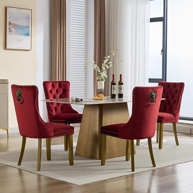 Velvet Dining Chairs Set of 4, Upholstered Dining Room Chairs with Lion Head Pulls Ring and Golden Solid Wood Legs, Modern Button Tufted Kitchen Chairs for Dining Room, Kitchen(Wine Red)