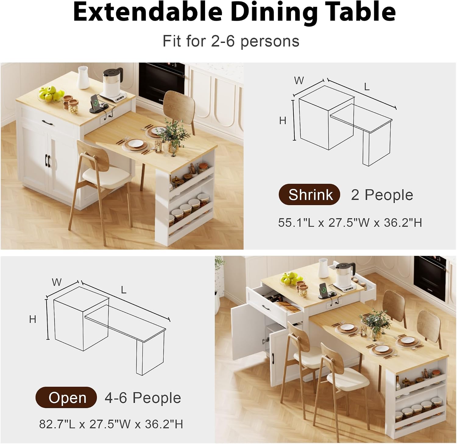 82.7” Kitchen Island with Extendable Dining Table for 4-6 Person, Two-Tone Dining Table with Double-Sized Storage, Power Outlet, Kitchen Island with 2 Side Open Shelves Storage, White