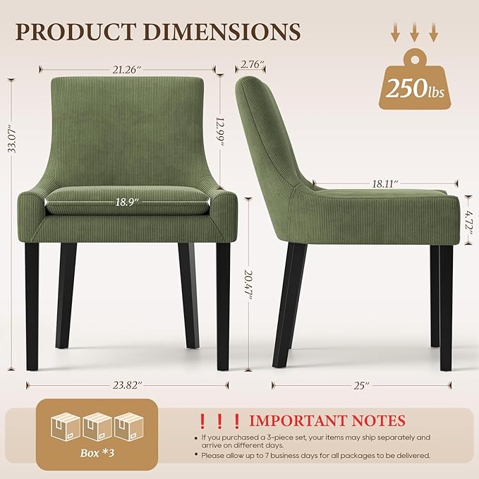 Modern Dining Chairs Set of 6, Upholstered Corduroy Dining Room Chairs with Wood Legs, Mid-Back Padded Kitchen Side Chairs for Dining Room, Green